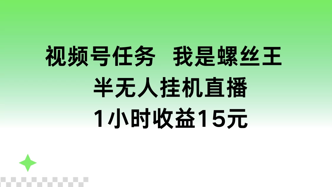 视频号任务，我是螺丝王， 半无人挂机1小时收益15元 - 项目资源网